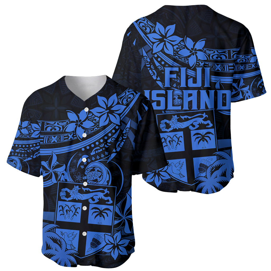 Fiji Islands Baseball Jersey Coat of Arms Fijian Flower Polynesian Pattern - Blue LT9 - Polynesian Pride