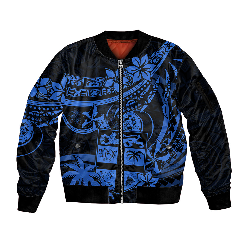 Fiji Islands Sleeve Zip Bomber Jacket Coat of Arms Fijian Flower Polynesian Pattern - Blue LT9 Unisex Blue - Polynesian Pride
