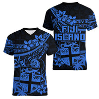 Fiji Islands Women V Neck T Shirt Coat of Arms Fijian Flower Polynesian Pattern - Blue LT9 - Polynesian Pride