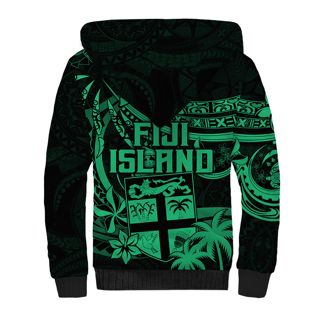 Fiji Islands Sherpa Hoodie Coat of Arms Fijian Flower Polynesian Pattern - Green LT9 - Polynesian Pride