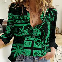 Fiji Islands Women Casual Shirt Coat of Arms Fijian Flower Polynesian Pattern - Green LT9 Female Green - Polynesian Pride