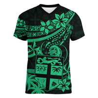 Fiji Islands Women V Neck T Shirt Coat of Arms Fijian Flower Polynesian Pattern - Green LT9 Female Green - Polynesian Pride