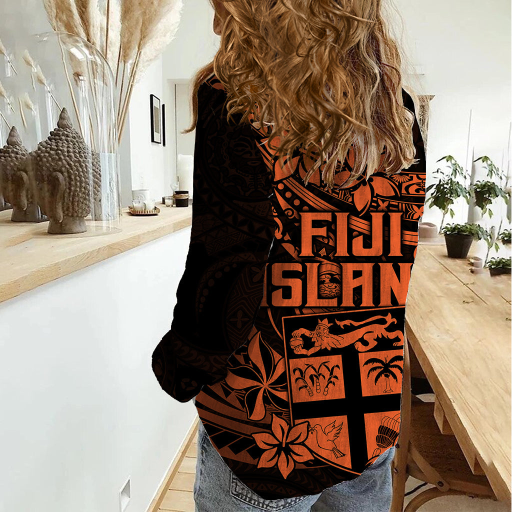 Fiji Islands Women Casual Shirt Coat of Arms Fijian Flower Polynesian Pattern - Orange LT9 - Polynesian Pride