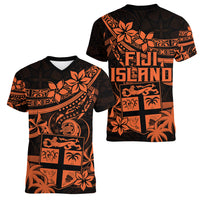 Fiji Islands Women V Neck T Shirt Coat of Arms Fijian Flower Polynesian Pattern - Orange LT9 - Polynesian Pride