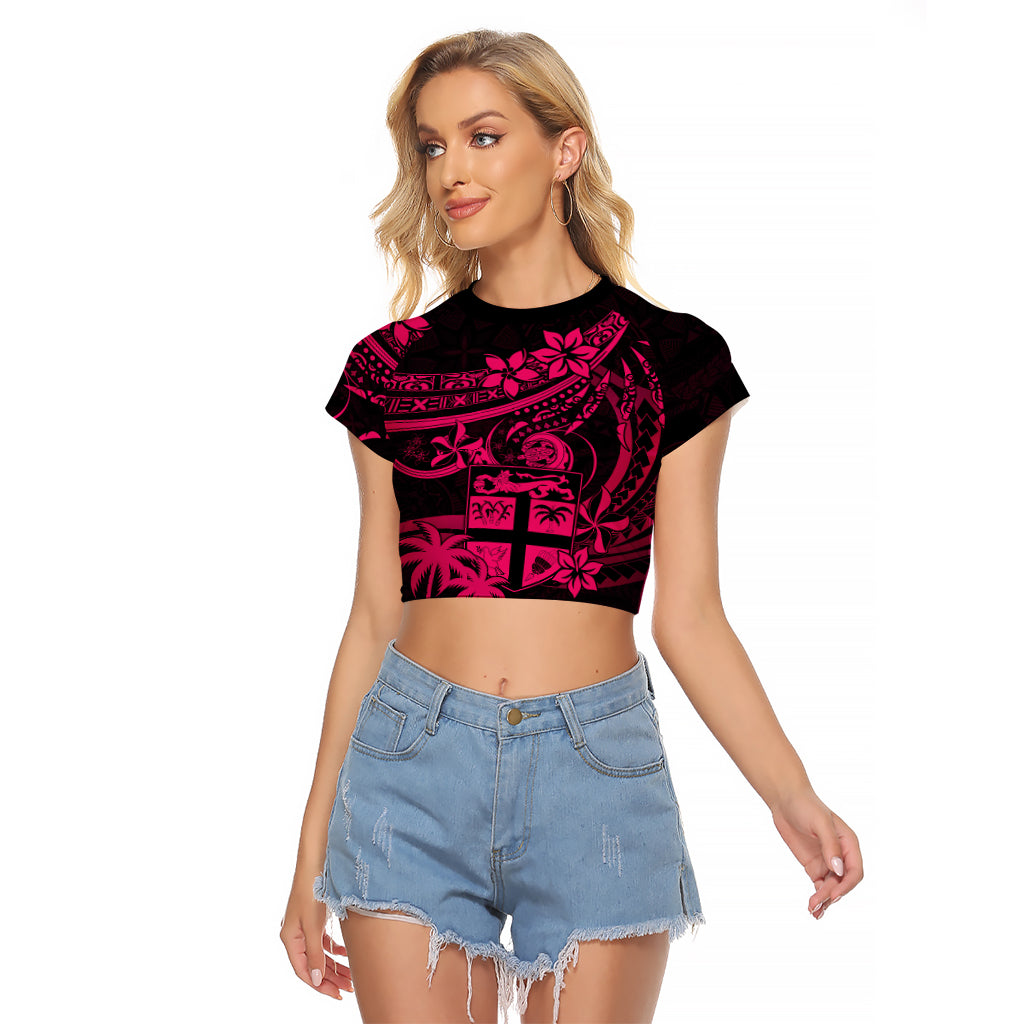 Fiji Islands Raglan Cropped T Shirt Coat of Arms Fijian Flower Polynesian Pattern - Pink LT9 Female Pink - Polynesian Pride