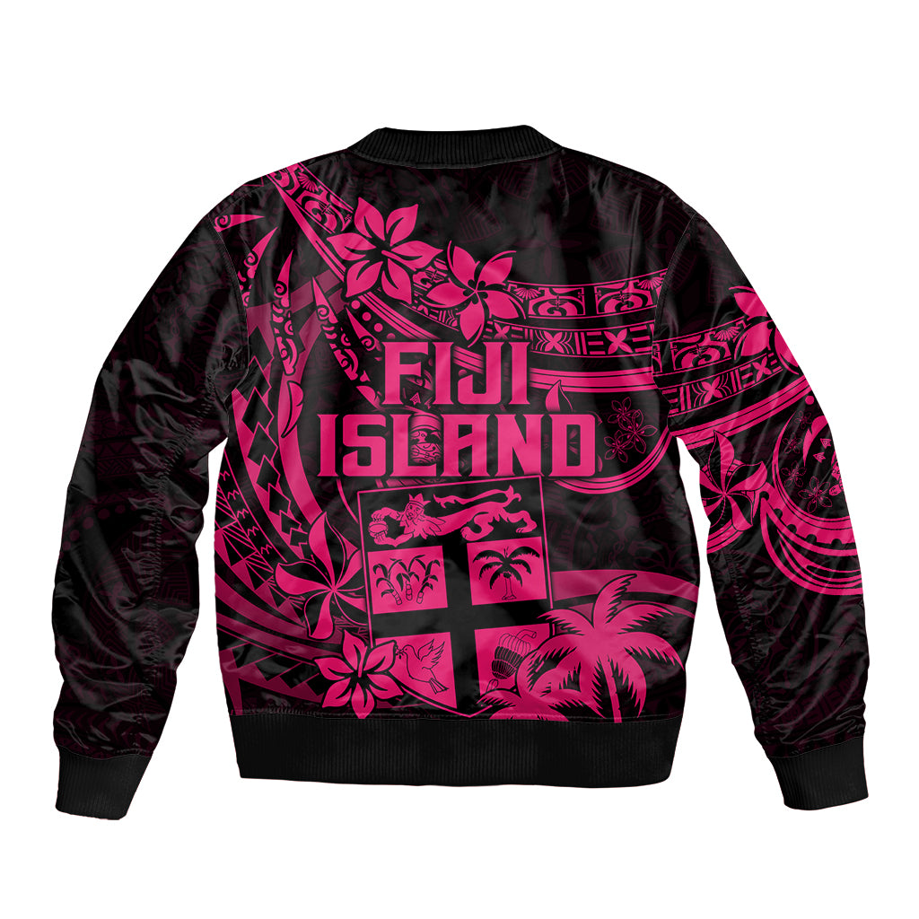 Fiji Islands Sleeve Zip Bomber Jacket Coat of Arms Fijian Flower Polynesian Pattern - Pink LT9 - Polynesian Pride