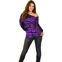 Fiji Islands Off Shoulder Sweater Coat of Arms Fijian Flower Polynesian Pattern - Purple LT9 - Polynesian Pride