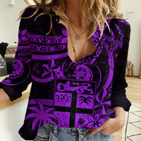 Fiji Islands Women Casual Shirt Coat of Arms Fijian Flower Polynesian Pattern - Purple LT9 Female Purple - Polynesian Pride