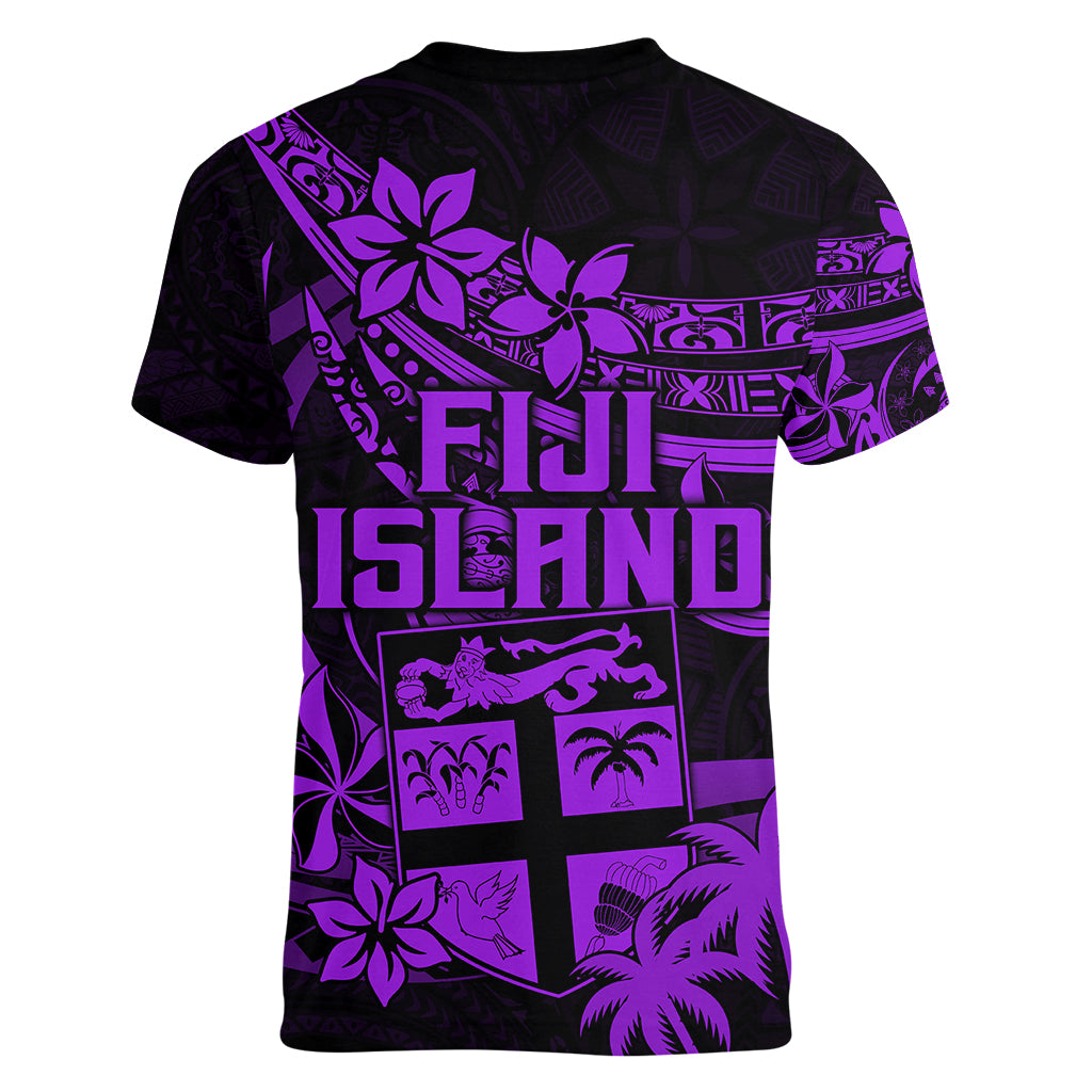 Fiji Islands Women V Neck T Shirt Coat of Arms Fijian Flower Polynesian Pattern - Purple LT9 - Polynesian Pride