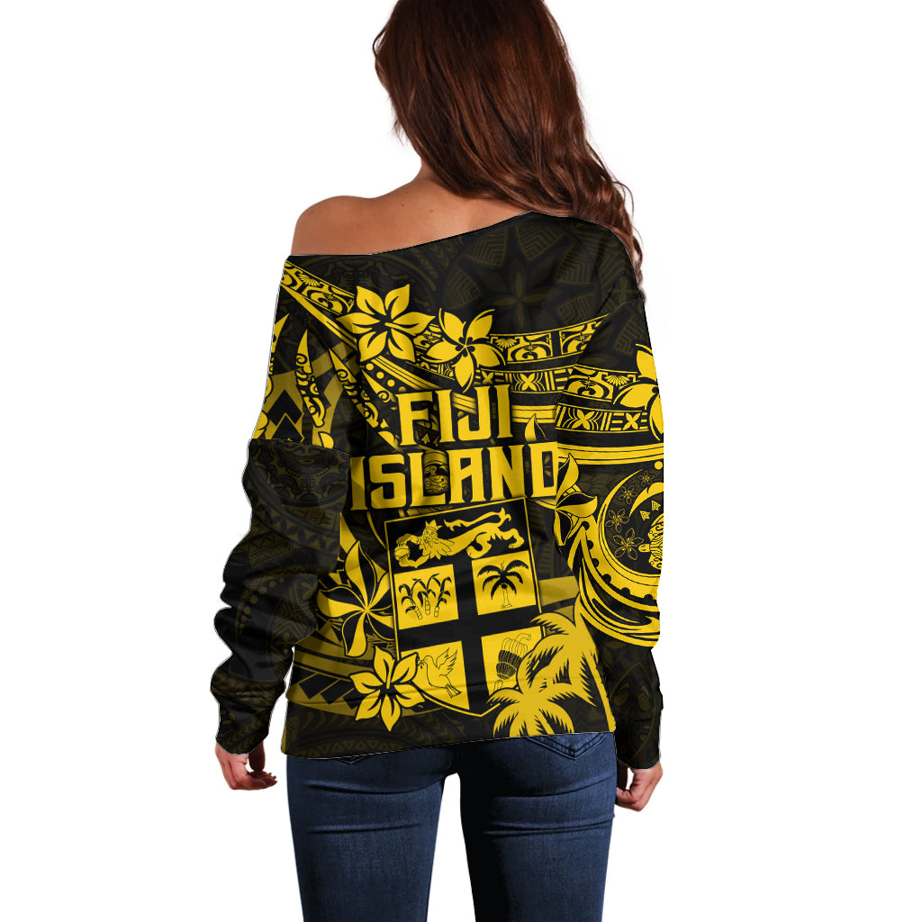 Fiji Islands Off Shoulder Sweater Coat of Arms Fijian Flower Polynesian Pattern - Yellow LT9 - Polynesian Pride