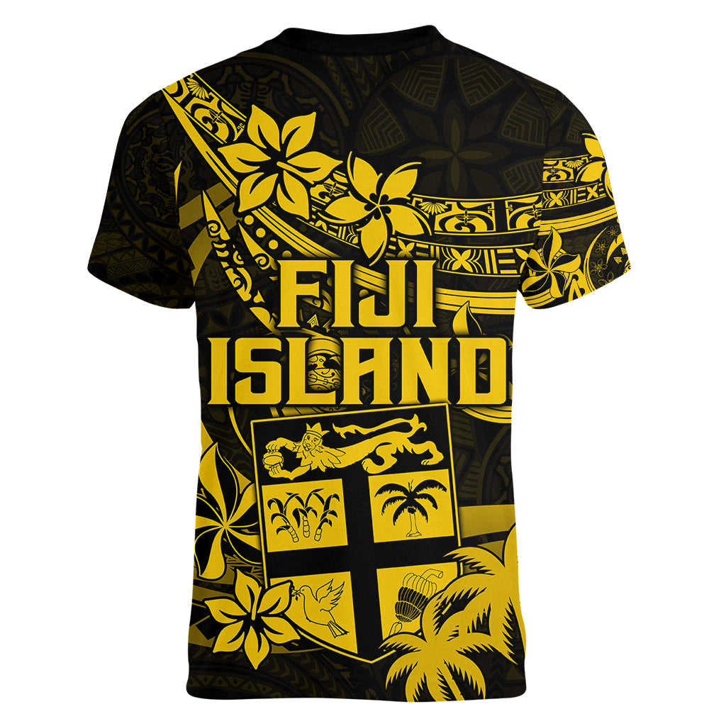 Fiji Islands Women V Neck T Shirt Coat of Arms Fijian Flower Polynesian Pattern - Yellow LT9 - Polynesian Pride