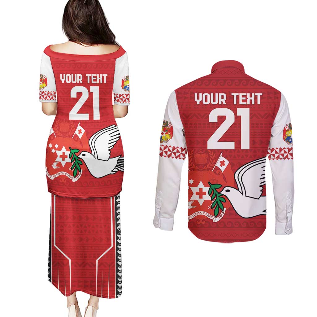 Custom Tonga Rugby Couples Matching Puletasi and Long Sleeve Button Shirt Mate Maa Kupesi Style
