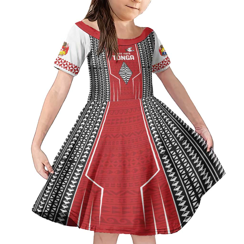 Custom Tonga Rugby Family Matching Long Sleeve Bodycon Dress and Hawaiian Shirt Mate Maa Kupesi Style LT9 Daughter's Dress Red - Polynesian Pride
