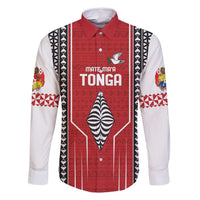 Custom Tonga Rugby Family Matching Mermaid Dress and Hawaiian Shirt Mate Maa Kupesi Style LT9 Dad's Shirt - Long Sleeve Red - Polynesian Pride