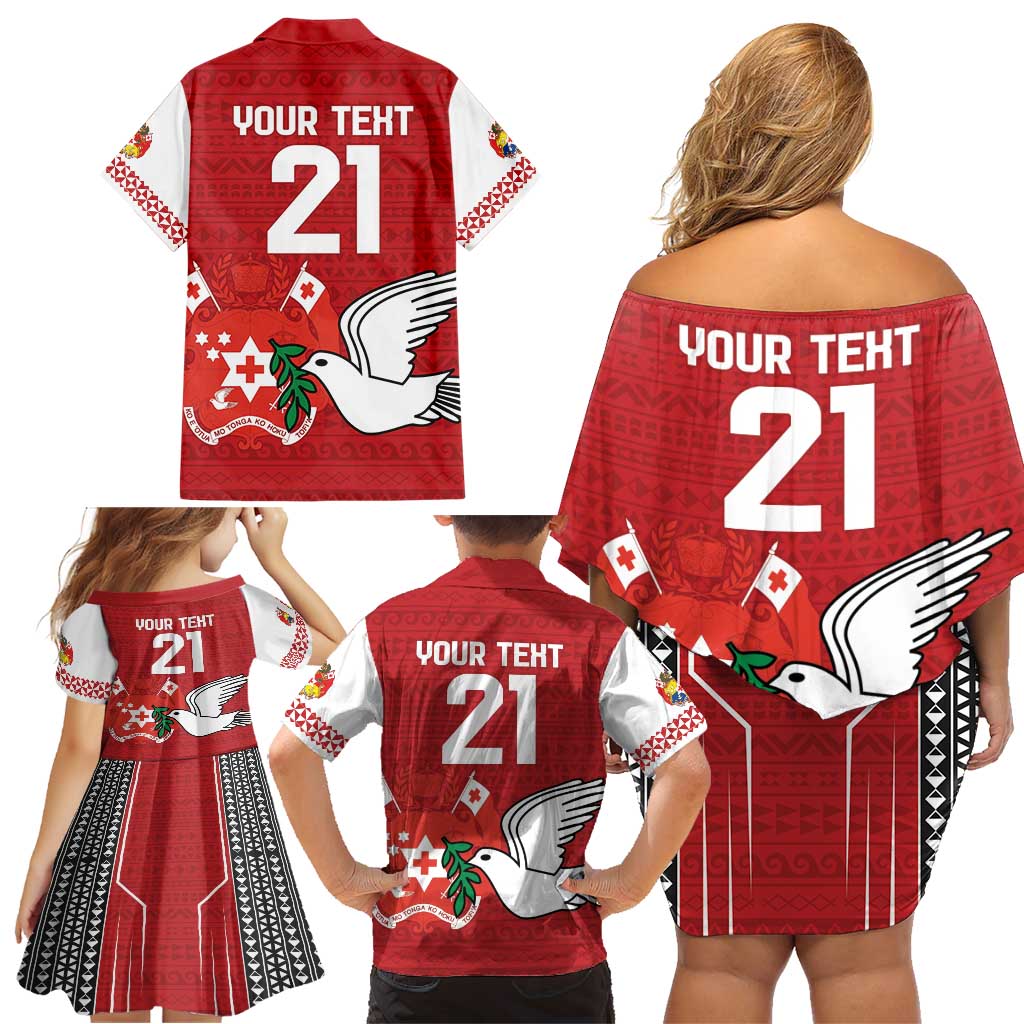 Custom Tonga Rugby Family Matching Off Shoulder Short Dress and Hawaiian Shirt Mate Maa Kupesi Style