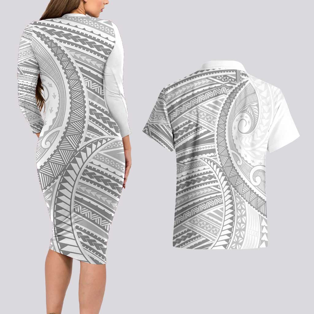 American Samoa White Sunday Couples Matching Long Sleeve Bodycon Dress and Hawaiian Shirt Polynesian Lotu Tamaiti - Polynesian Pride