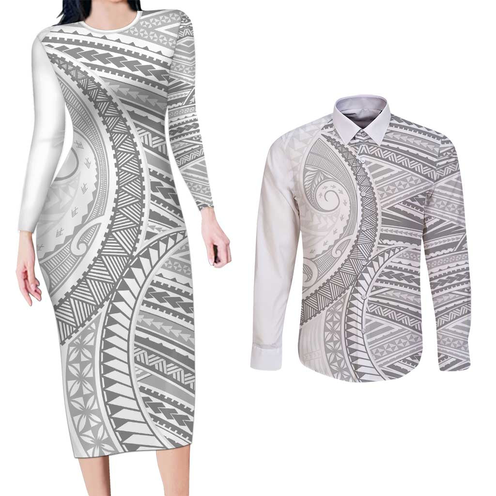 American Samoa White Sunday Couples Matching Long Sleeve Bodycon Dress and Long Sleeve Button Shirt Polynesian Lotu Tamaiti - Polynesian Pride