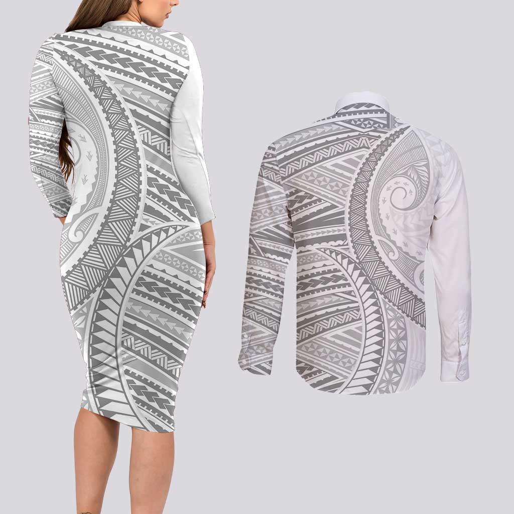 American Samoa White Sunday Couples Matching Long Sleeve Bodycon Dress and Long Sleeve Button Shirt Polynesian Lotu Tamaiti - Polynesian Pride