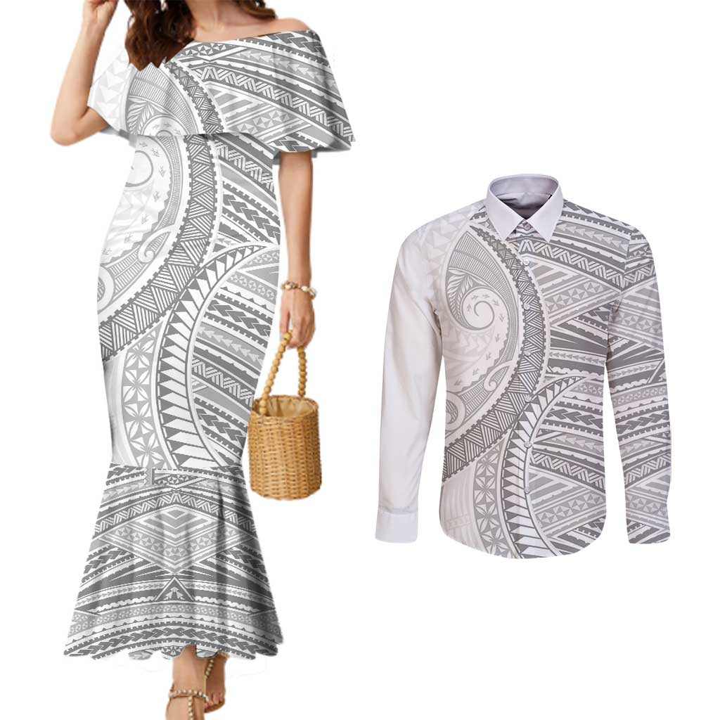 American Samoa White Sunday Couples Matching Mermaid Dress and Long Sleeve Button Shirt Polynesian Lotu Tamaiti - Polynesian Pride