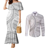 American Samoa White Sunday Couples Matching Mermaid Dress and Long Sleeve Button Shirt Polynesian Lotu Tamaiti - Polynesian Pride