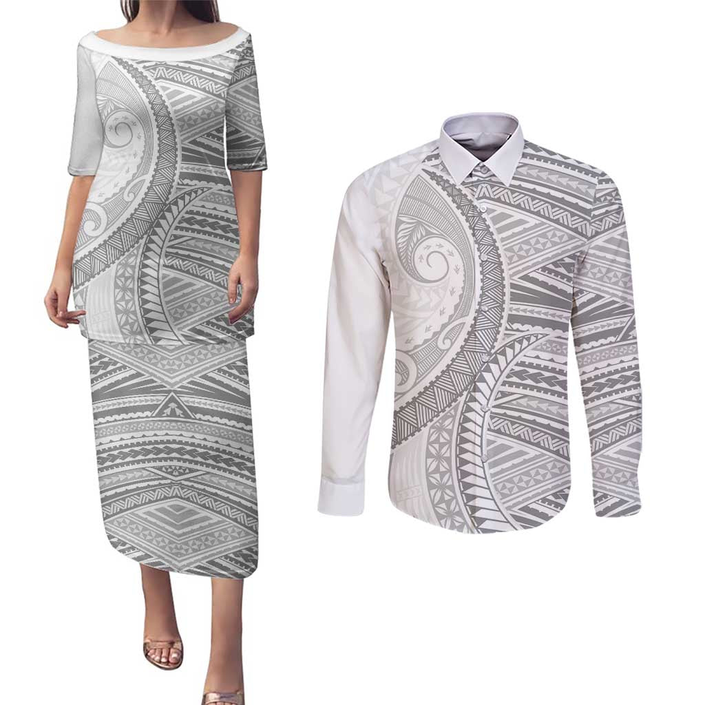American Samoa White Sunday Couples Matching Puletasi and Long Sleeve Button Shirt Polynesian Lotu Tamaiti - Polynesian Pride