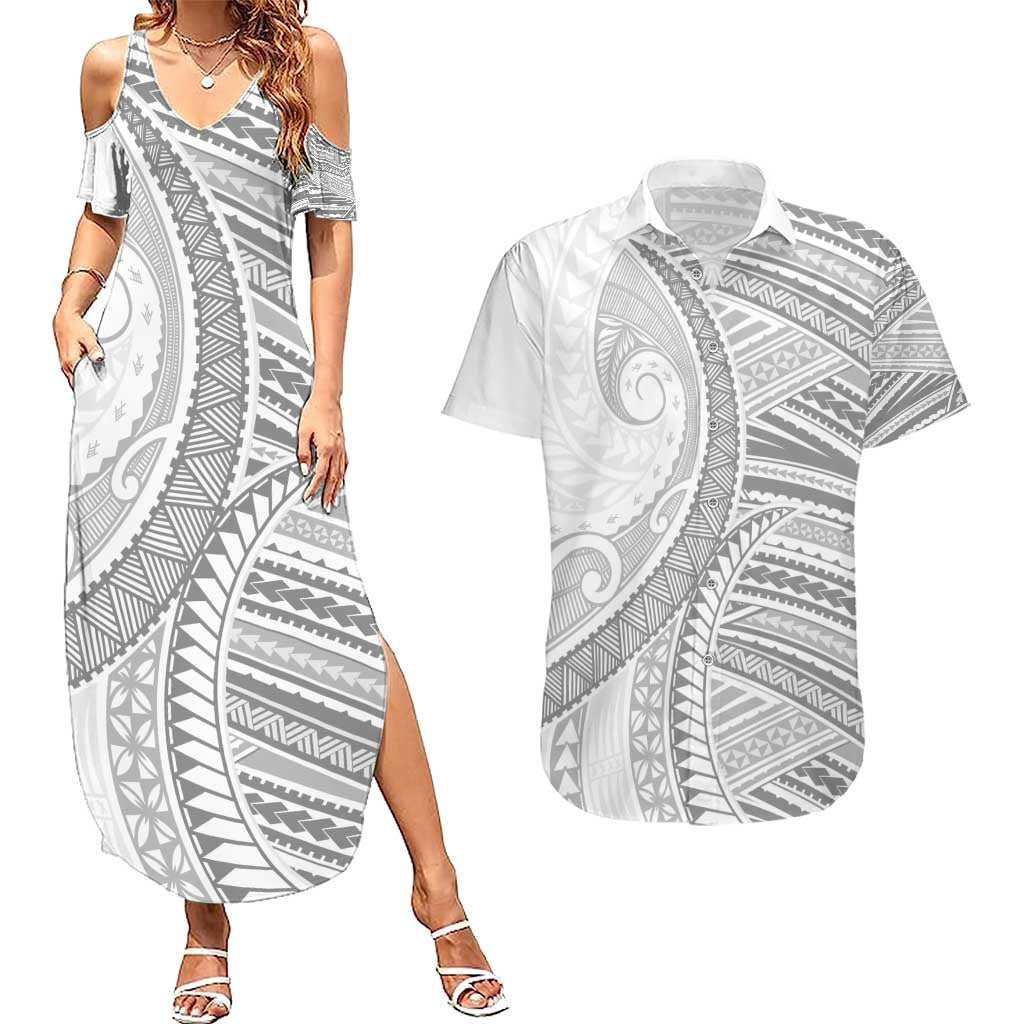 American Samoa White Sunday Couples Matching Summer Maxi Dress and Hawaiian Shirt Polynesian Lotu Tamaiti - Polynesian Pride