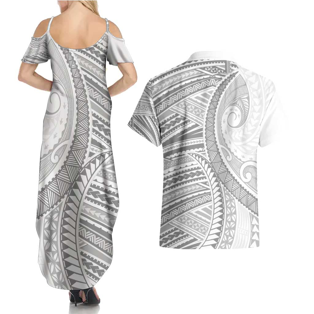 American Samoa White Sunday Couples Matching Summer Maxi Dress and Hawaiian Shirt Polynesian Lotu Tamaiti - Polynesian Pride