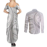 American Samoa White Sunday Couples Matching Summer Maxi Dress and Long Sleeve Button Shirt Polynesian Lotu Tamaiti - Polynesian Pride