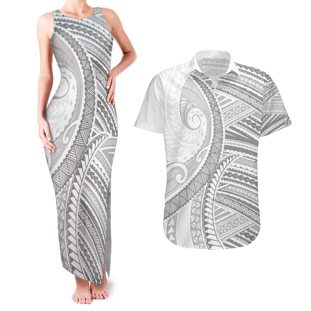 American Samoa White Sunday Couples Matching Tank Maxi Dress and Hawaiian Shirt Polynesian Lotu Tamaiti - Polynesian Pride