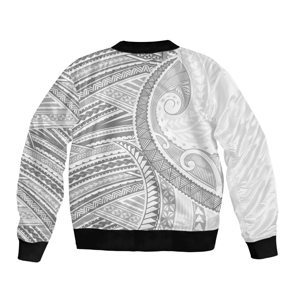 American Samoa White Sunday Sleeve Zip Bomber Jacket Polynesian Lotu Tamaiti - Polynesian Pride