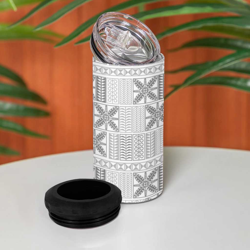Niue White Sunday 4 in 1 Can Cooler Tumbler Niuean Lotu Tamaiti Hiapo Pattern - Polynesian Pride