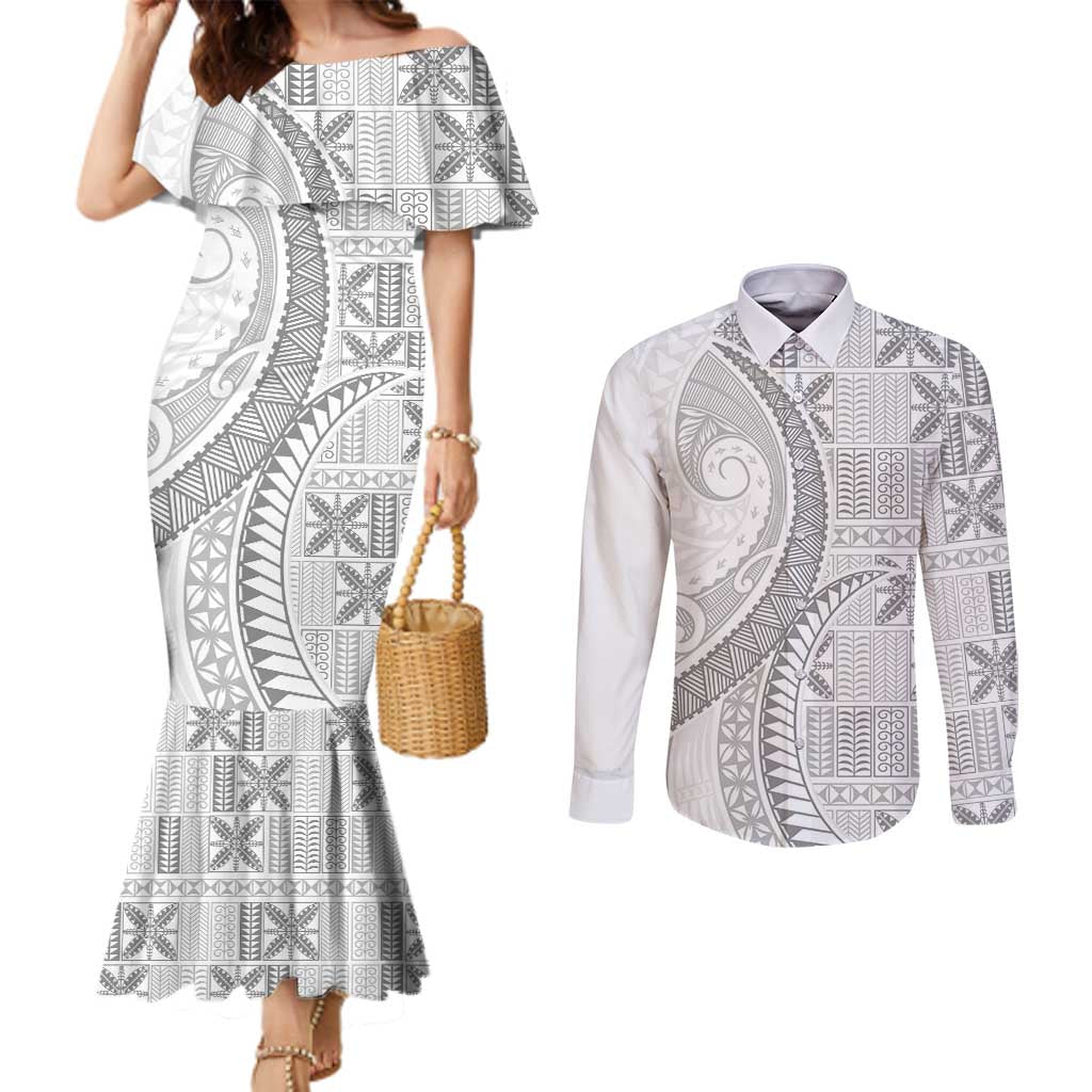 Niue White Sunday Couples Matching Mermaid Dress and Long Sleeve Button Shirt Niuean Lotu Tamaiti Hiapo Pattern LT9 White - Polynesian Pride