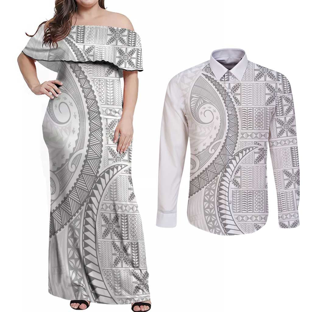Niue White Sunday Couples Matching Off Shoulder Maxi Dress and Long Sleeve Button Shirt Niuean Lotu Tamaiti Hiapo Pattern LT9 White - Polynesian Pride