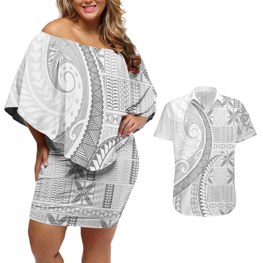 Niue White Sunday Couples Matching Off Shoulder Short Dress and Hawaiian Shirt Niuean Lotu Tamaiti Hiapo Pattern - Polynesian Pride