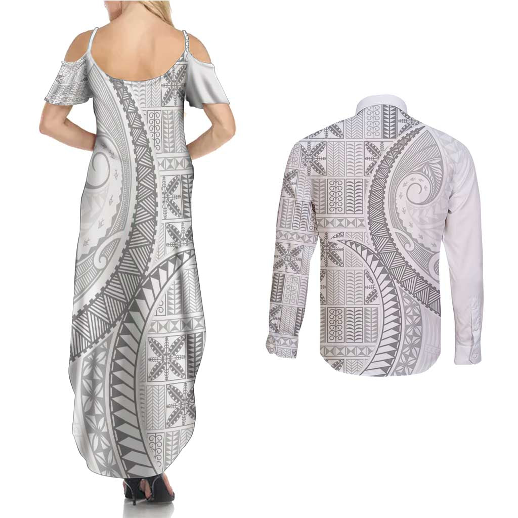 Niue White Sunday Couples Matching Summer Maxi Dress and Long Sleeve Button Shirt Niuean Lotu Tamaiti Hiapo Pattern - Polynesian Pride