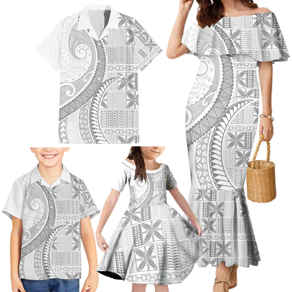 Niue White Sunday Family Matching Mermaid Dress and Hawaiian Shirt Niuean Lotu Tamaiti Hiapo Pattern - Polynesian Pride