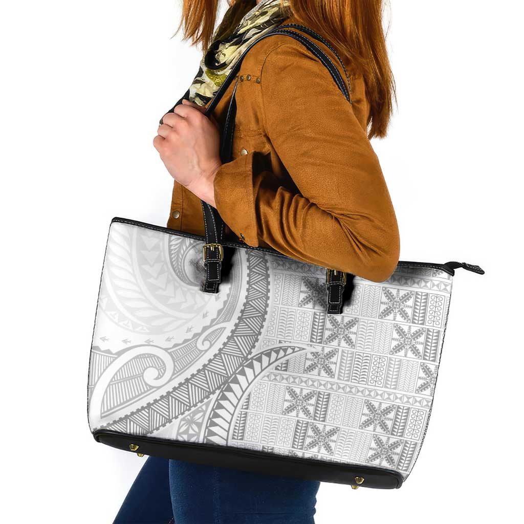 Niue White Sunday Leather Tote Bag Niuean Lotu Tamaiti Hiapo Pattern - Polynesian Pride