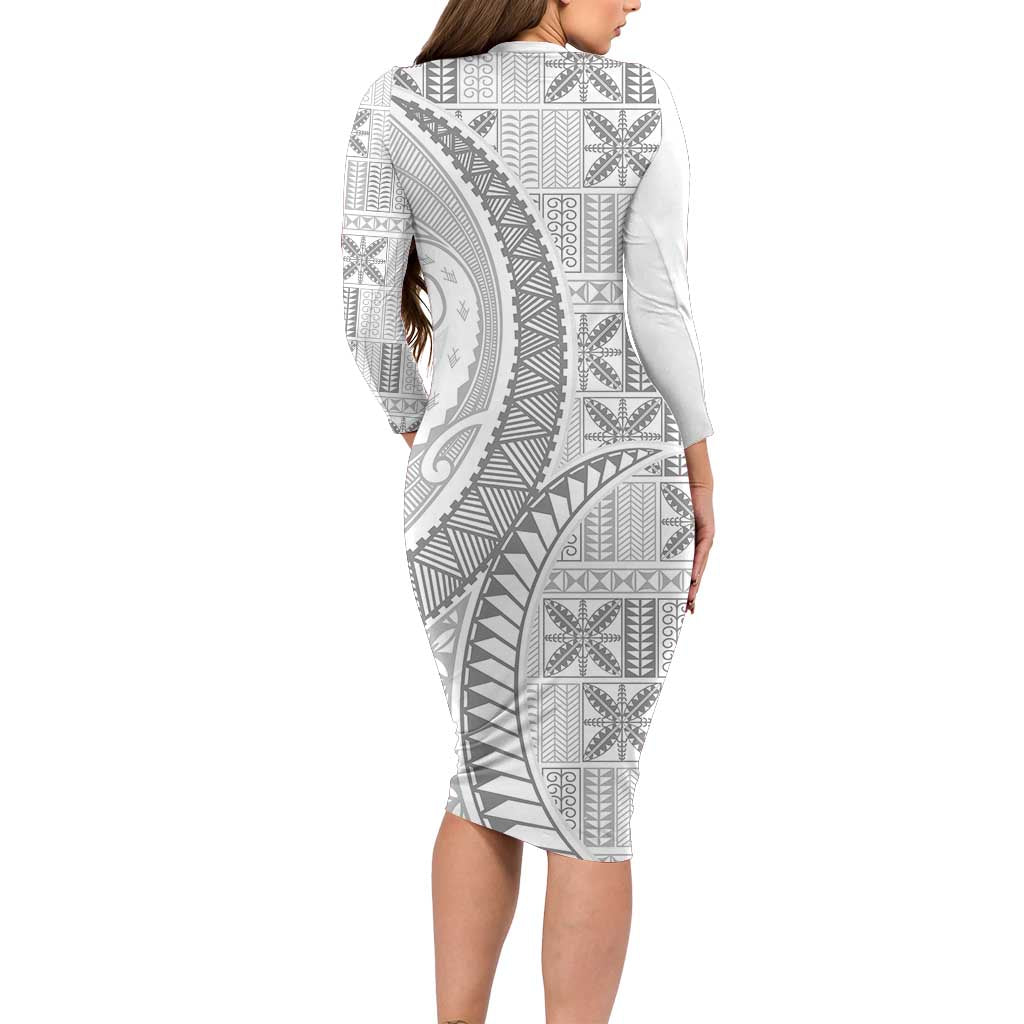 Niue White Sunday Long Sleeve Bodycon Dress Niuean Lotu Tamaiti Hiapo Pattern - Polynesian Pride