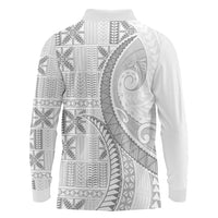Niue White Sunday Long Sleeve Polo Shirt Niuean Lotu Tamaiti Hiapo Pattern - Polynesian Pride