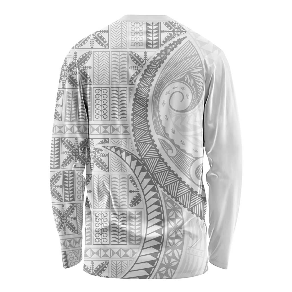 Niue White Sunday Long Sleeve Shirt Niuean Lotu Tamaiti Hiapo Pattern - Polynesian Pride