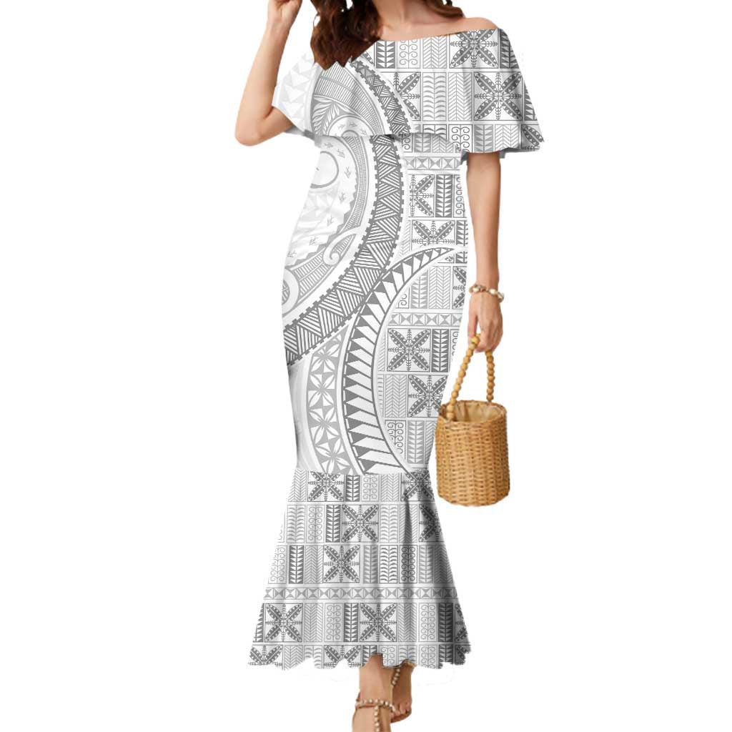 Niue White Sunday Mermaid Dress Niuean Lotu Tamaiti Hiapo Pattern - Polynesian Pride