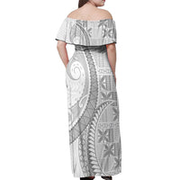 Niue White Sunday Off Shoulder Maxi Dress Niuean Lotu Tamaiti Hiapo Pattern - Polynesian Pride