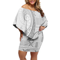 Niue White Sunday Off Shoulder Short Dress Niuean Lotu Tamaiti Hiapo Pattern - Polynesian Pride