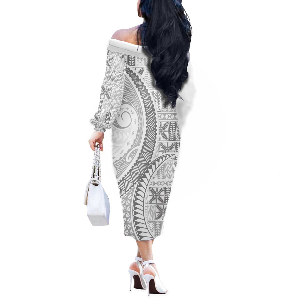 Niue White Sunday Off The Shoulder Long Sleeve Dress Niuean Lotu Tamaiti Hiapo Pattern - Polynesian Pride