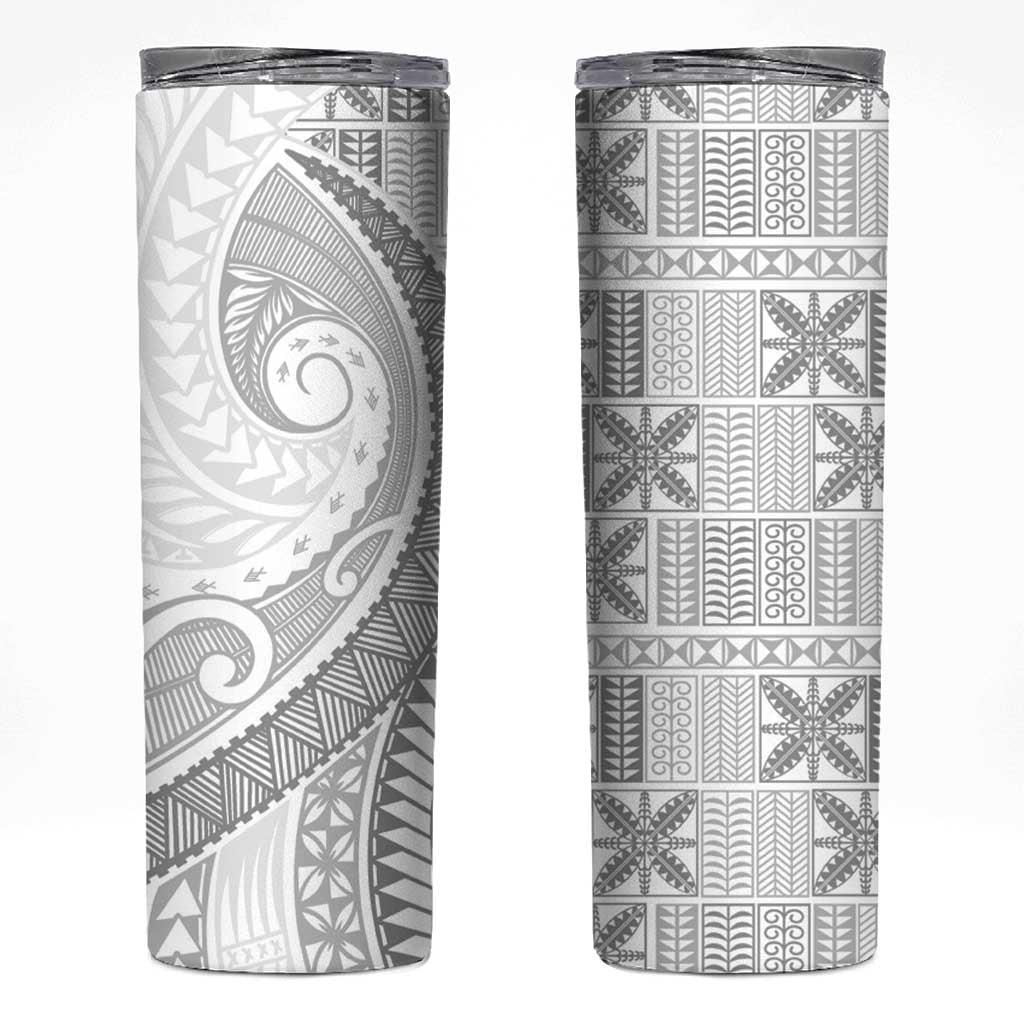 Niue White Sunday Skinny Tumbler Niuean Lotu Tamaiti Hiapo Pattern - Polynesian Pride