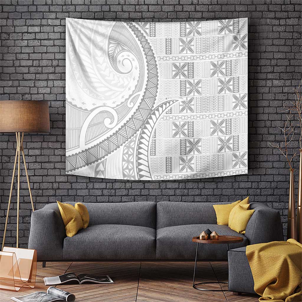 Niue White Sunday Tapestry Niuean Lotu Tamaiti Hiapo Pattern LT9 White - Polynesian Pride