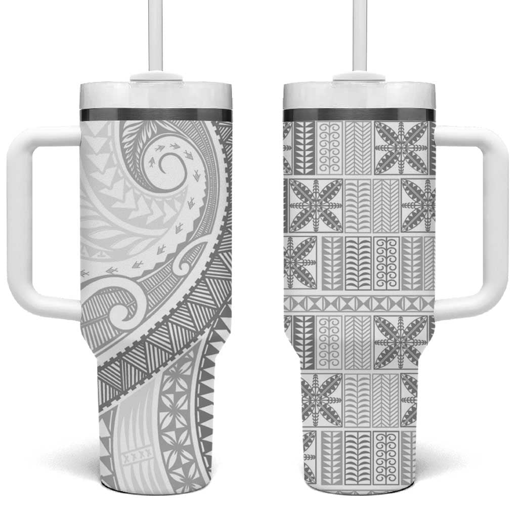 Niue White Sunday Tumbler With Handle Niuean Lotu Tamaiti Hiapo Pattern - Polynesian Pride