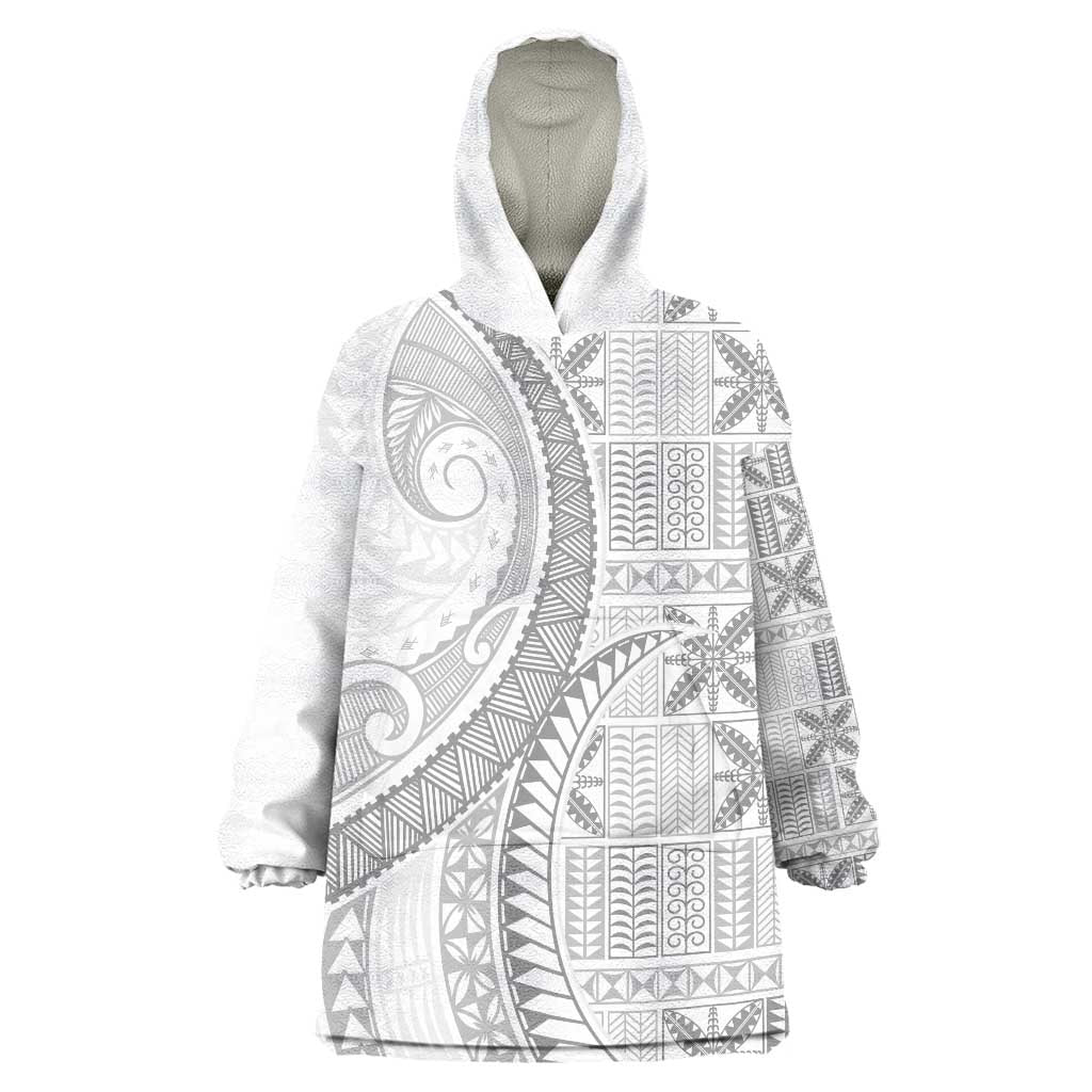 Niue White Sunday Wearable Blanket Hoodie Niuean Lotu Tamaiti Hiapo Pattern - Polynesian Pride