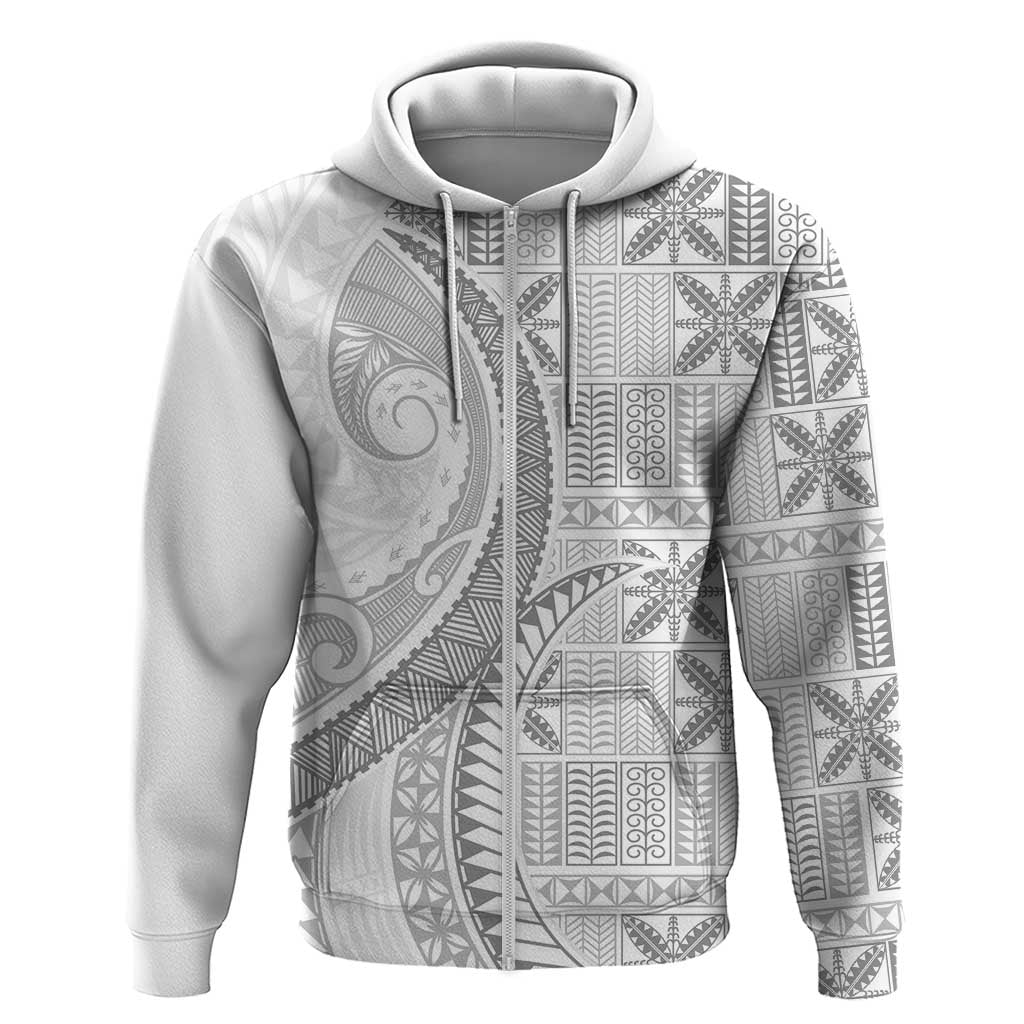 Niue White Sunday Zip Hoodie Niuean Lotu Tamaiti Hiapo Pattern LT9 Zip Hoodie White - Polynesian Pride