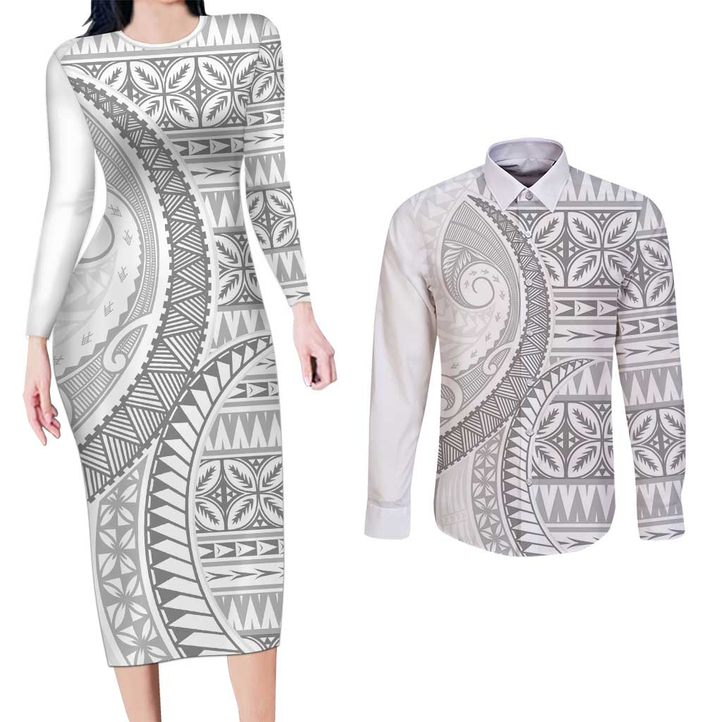 Polynesian White Sunday Couples Matching Long Sleeve Bodycon Dress and Long Sleeve Button Shirt Lotu Tamaiti Melanesian Pattern - Polynesian Pride